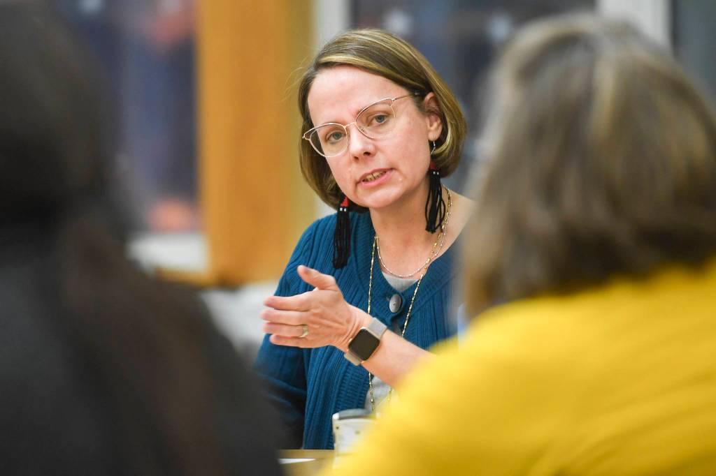 Riverbend Elementary School Interim Principal Elizabeth Pisel-Davis interviews for a permanent position in front of a panel at Riverbend on Thursday, Dec. 5, 2019. (Michael Penn | Juneau Empire)
