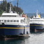 In this file photo, the Alaska Marine Highway System ferries LeConte, left, Malaspina and Tazlina, hidden from view, are tied up at the Auke Bay Terminal in July 2019. (Michael Penn | Juneau Empire File)
