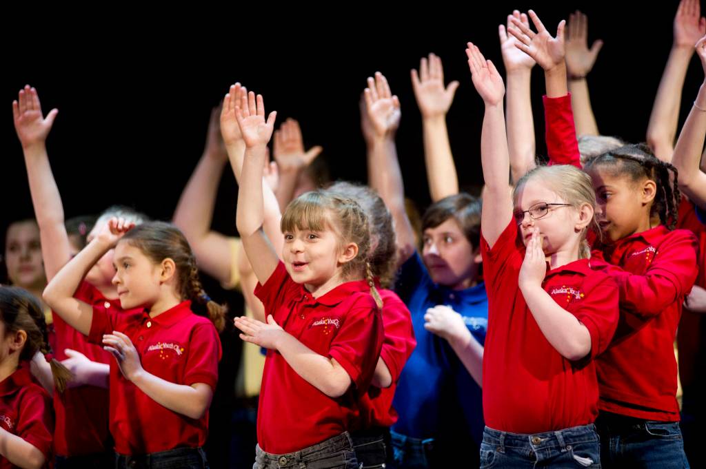 Children in the Alaska Youth Choir sing under the direction of Missouri Smyth at the 41st Annual Alaska Folk Festival in this April 2015 photo. (Michael Penn | Juneau Empire File)