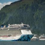 The Norwegian Bliss pulls out of Juneaus downtown harbor on Tuesday, June 12, 2018. Norwegian Cruise Line will be speaking at the Greater Juneau Chamber of Commerces weekly luncheon. (Michael Penn | Juneau Empire File)