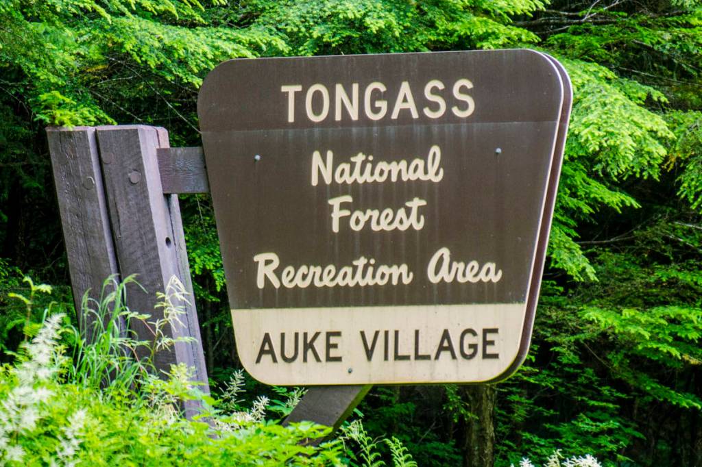 The Tongass National Forest sign stands near the Auke Village Recreation Area. (Juneau Empire File)