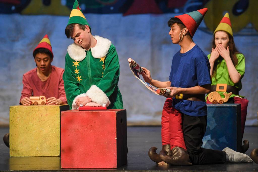 Toby Russell, stars as Buddy the Elf, during rehearsal of Elf, the Musicial at Juneau-Douglas High School: Yadaa.at Kalé on Friday, Dec. 13, 2019. (Michael Penn | Juneau Empire)