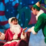 Fake Santa, played by Richard Corpuz, left, and Buddy the Elf, played by Toby Russell, rehearse in Elf, the Musicial at Juneau-Douglas High School: Yadaa.at Kalé on Friday, Dec. 13, 2019. (Michael Penn | Juneau Empire)
