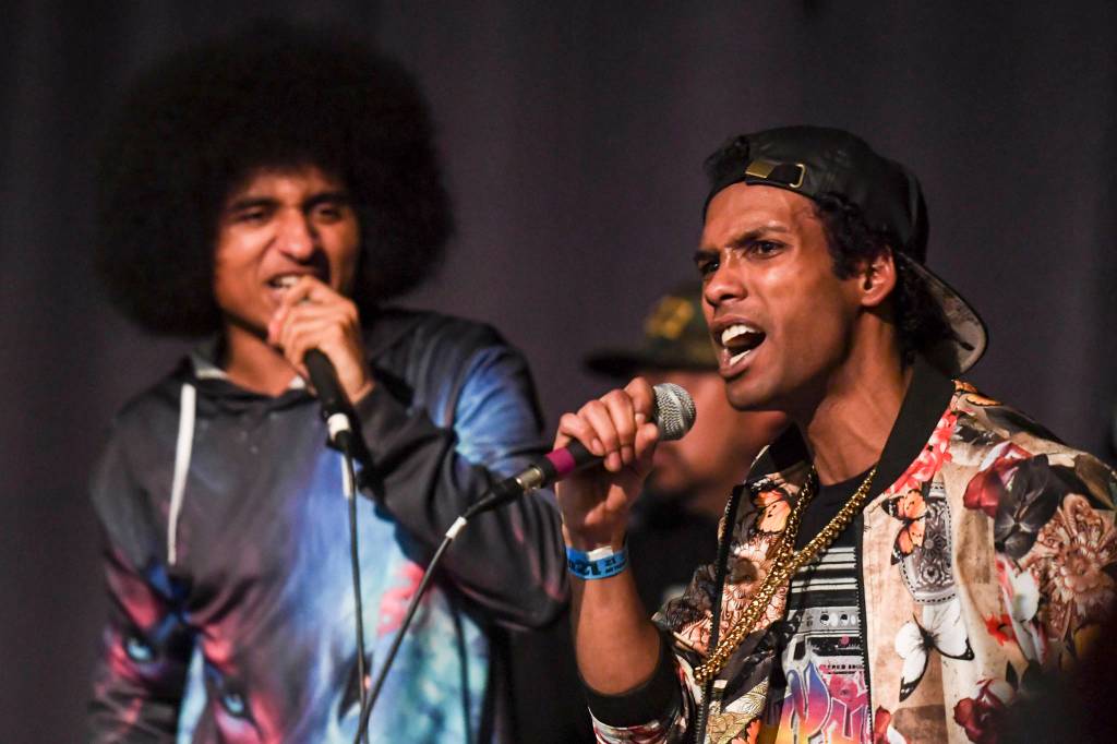 Arias Hoyle, left, and Chris Talley perform during the Killah Priest of Wu Tang Southeast Tour at the Juneau Arts & Culture Center on Friday, Dec. 20, 2019. (Michael Penn | Juneau Empire)