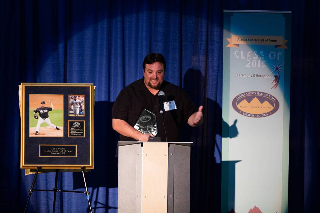 Chad Bentz speaks at the 13th annual Alaska Sports Hall of Fame Ceremony at the Anchorage Museum Atrium on Thursday, April 25, 2019. Bentz and trapshooter Corey Cogdell-Unrein headlined the 2019 Hall of Fame class. (Courtesy Photo | Jim Kohl Photography)