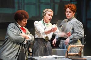 Diane Fleeks, left, Shelley Virginia, center, and Margeaux Ljungberg rehearse in front of an invited audience for Perseverance Theatres production of Silent Sky on Tuesday, Jan. 7, 2020. (Michael Penn | Capital City Weekly)