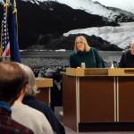 Ben Hohenstatt | Juneau Empire                                City and Borough of Juneau Visitor Industry Task Force Chair Carole Triem and Vice Chair Craig Dahl listen to testimony Saturday during a public input task force meeting.