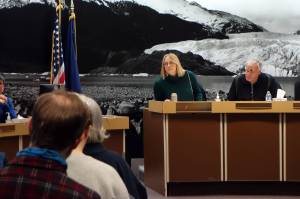 City and Borough of Juneau Visitor Industry Task Force Chair Carole Triem and Vice Chair Craig Dahl listen to testimony Saturday, Jan. 11 during a public input task force meeting. (Ben Hohenstatt | Juneau Empire)