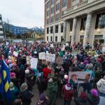 Michael Penn | Juneau Empire File                                Juneau residents turn out for the Womens March starting with speeches at the Capitol before a walk to Marine Park on Jan. 20, 2018. This years march will be Saturday.