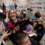 Rosita Worl, president of Sealaska Heritage Institute, holds up sea otter fur during a presentation about Tlingit relationships with sea otters in August. SHI is sponsoring a machine sewing class that will include sea otter hide. (Michael Penn | Juneau Empire File)