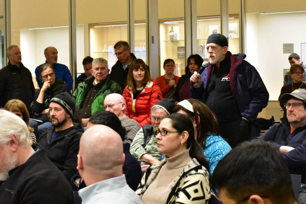 Juneau resident Dennis Harris gives comments at a town hall event with Juneaus legislative delegation at the Mendenhall Valley Public Library on Wednesday, Jan. 15, 2020. (Peter Segall | Juneau Empire)