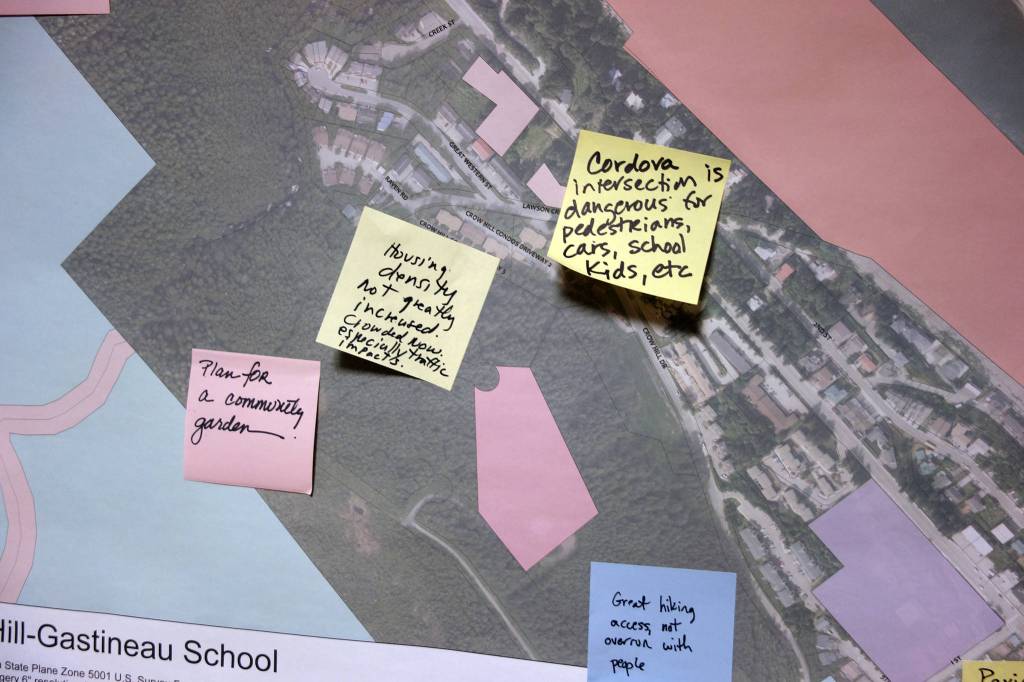 Residents posted perceived challenges, successes and opportunities in South Douglas and West Juneau at a kickoff meeting for City and Borough of Juneaus effort to create South Douglas-West Juneau Area Plan, Wednesday, Jan. 15. (Ben Hohenstatt | Juneau Empire)