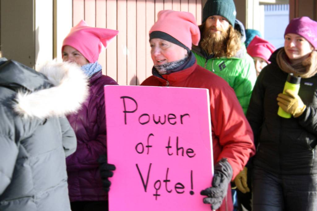 Barbara Murray participates in the 2020 Womens March, Saturday, Jan. 18. This year is the 100th anniversary of the 19th Amendment that gave women the right to vote. (Ben Hohenstatt | Juneau Empire)