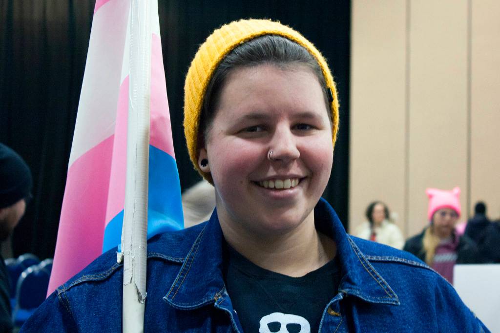 Ty Shae smiles after participating in the 2020 Womens March, Saturday, Jan. 18. The march started at the capitol, but it quickly made its way to Centennial Hall. (Ben Hohenstatt | Juneau Empire)