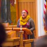 Salissa Tholse sings the National Anthem during a Martin Luther King Jr. Day community celebration held at St. Pauls Catholic Church on Jan. 20, 2020. (Michael S. Lockett | Juneau Empire)