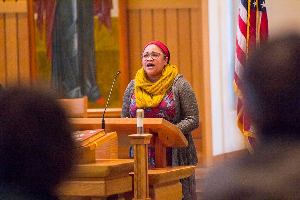 Salissa Tholse sings the National Anthem during a Martin Luther King Jr. Day community celebration held at St. Pauls Catholic Church on Jan. 20, 2020. (Michael S. Lockett | Juneau Empire)