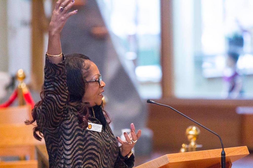Sherry Patterson speaks during a Martin Luther King Jr. Day community celebration held at St. Pauls Catholic Church on Jan. 20, 2020. (Michael S. Lockett | Juneau Empire)