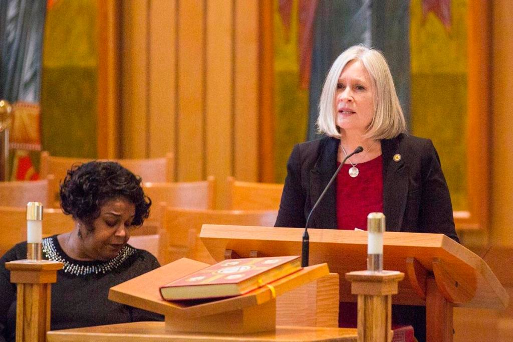Rep. Andi Story, D-Juneau, of the Alaska State Legislature speaks during a Martin Luther King Jr. Day community celebration held at St. Pauls Catholic Church on Jan. 20, 2020. (Michael S. Lockett | Juneau Empire)