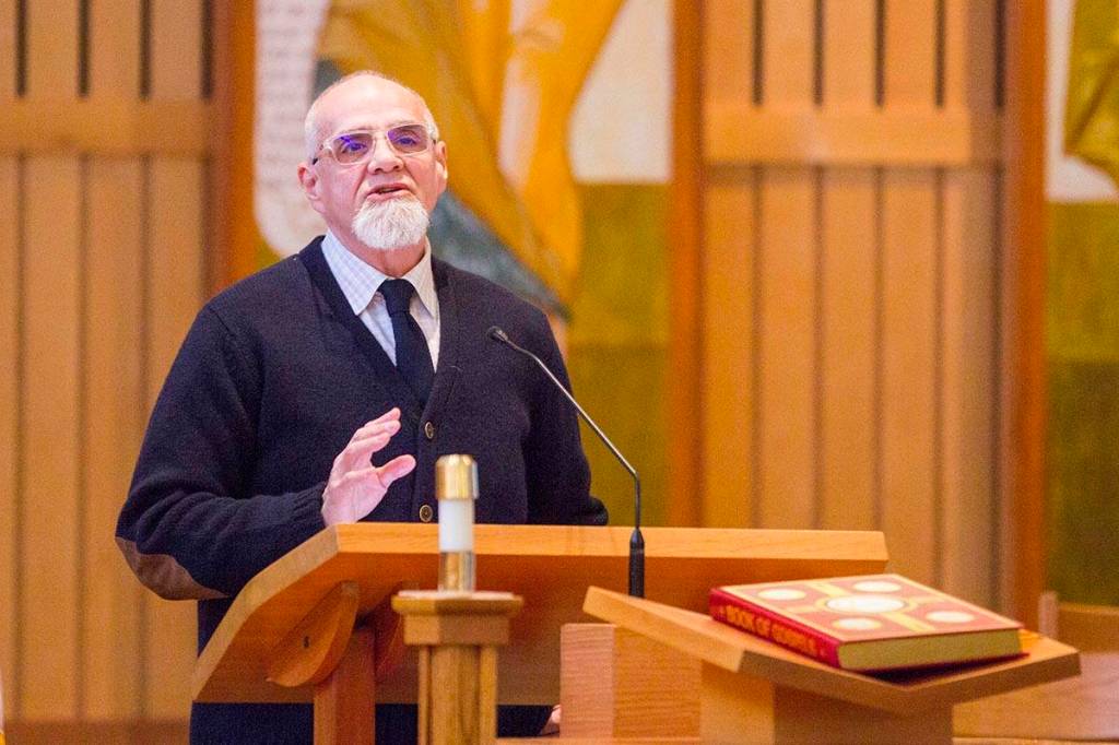 Pastor Kermit Wilson speaks during a Martin Luther King Jr. Day community celebration held at St. Pauls Catholic Church on Jan. 20, 2020. (Michael S. Lockett | Juneau Empire)