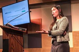 Shelby Surdyk gives a presentation on the health effects of depleted uranium ammunition on people in Iraq at KTOO Studios on Thursday. (Michael S. Lockett | Juneau Empire)