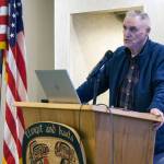 Bill Corbus, former revenue commissioner and past president of Alaska Electric Light and Power Company speaks Thursday at a Greater Juneau Chamber of Commerce meeting at Elizabeth Peratrovich Hall. (Ben Hohenstatt | Juneau Empire)