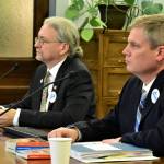 Sen. Tom Begich, D-Anchorage, left, and Education Commissioner Michael Johnson answer questions about the Alaska Reads Act at a Senate Education Committee meeting on Thursday. (Peter Segall | Juneau Empire)