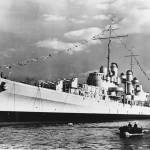 This Oct. 25, 1941 shows the USS Juneau afloat just after being launched at the Federal Shipbuilding Company yard,in Kearny, N.J. The ship was cut in half by two torpedoes and sank in 30 seconds during the Battle of Guadalcanal in 1942, sending 687 men including the five Sullivan brothers from Waterloo, Iowa, to their watery graves. (U.S. National Archives via The Associated Press)