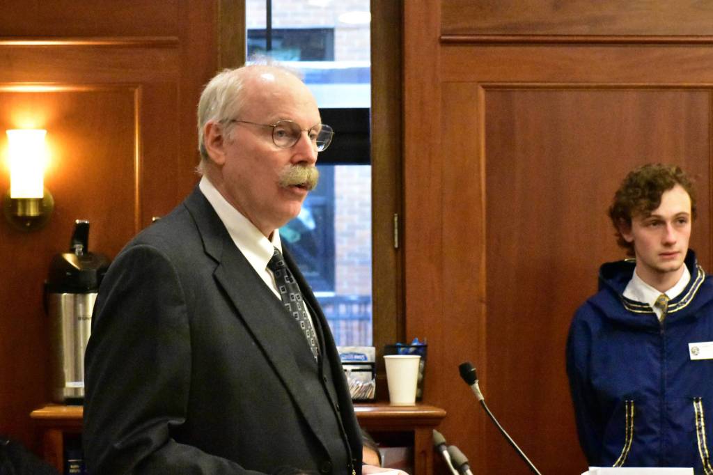 Sen. Bert Stedman, R-Sitka, speaks in support of overriding Gov. Mike Dunleavys vetoes during a joint session on Friday. (Peter Segall | Juneau Empire)