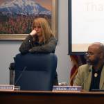 Sen. Natasha von Imhof, R-Anchorage, and Sen. David Wilson, R-Wasilla, listens testimony during Senate Health and Social Services Committee meeting Monday. (Ben Hohenstatt | Juneau Empire)