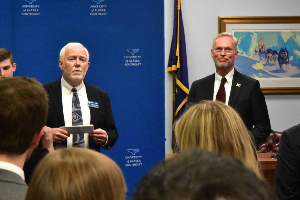 University of Alaska Southeast Chancellor Rick Caulfield, left, and University of Alaska President Jim Johnsen introduce legislative interns from the Senator Ted Stevens Legislative Internship Program at the capitol on Wednesday, Jan. 29, 2020. (Peter Segall | Juneau Empire)