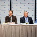 Senate Minority Leader Tom Begich, D-Anchorage, House Minority Leader Lance Pruitt, R-Anchorage, Speaker of the House Bryce Edgmon, I-Dillingham, and Senate President Cathy Giessel, R-Anchorage, speak at the Alaska Chambers Legislative Fly-In, Wednesday. (Ben Hohenstatt | Juneau Empire)