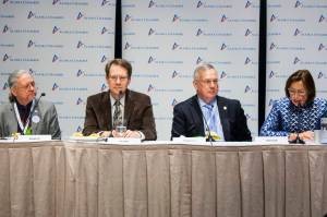 Senate Minority Leader Tom Begich, D-Anchorage, House Minority Leader Lance Pruitt, R-Anchorage, Speaker of the House Bryce Edgmon, I-Dillingham, and Senate President Cathy Giessel, R-Anchorage, speak at the Alaska Chambers Legislative Fly-In, Wednesday. (Ben Hohenstatt | Juneau Empire)