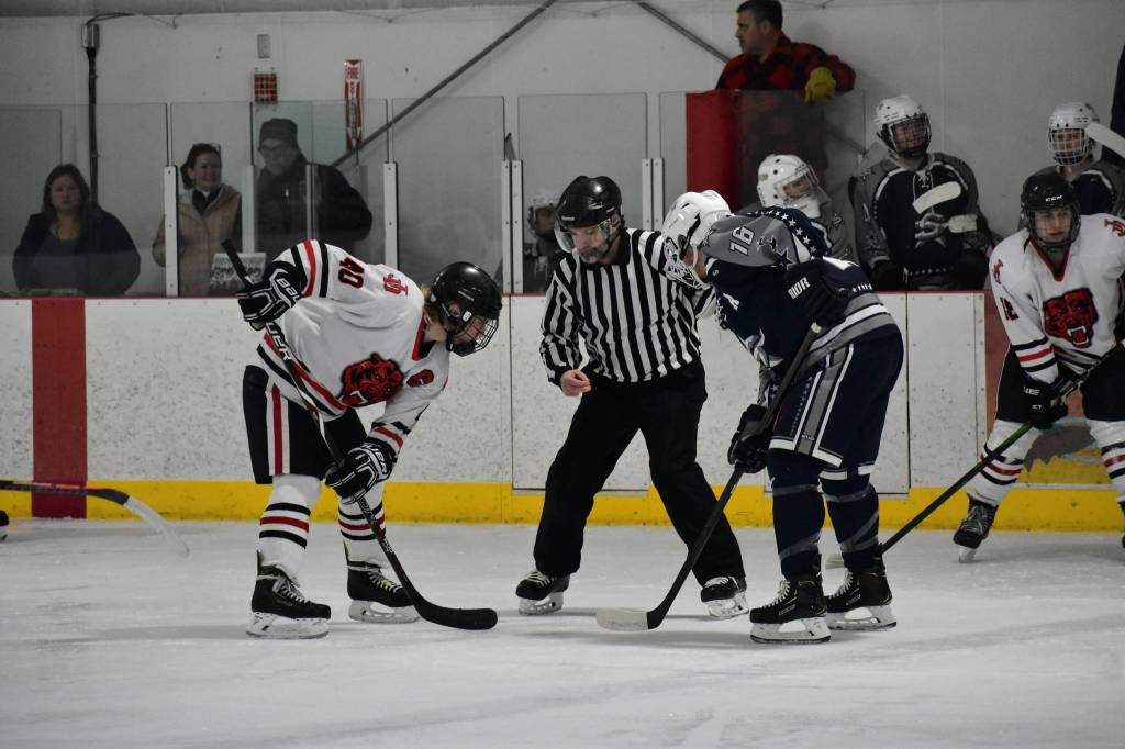 photos by Peter Segall | Juneau Empire                                The Juneau Crimson Bears square off Friday against the Soldotna Stars.