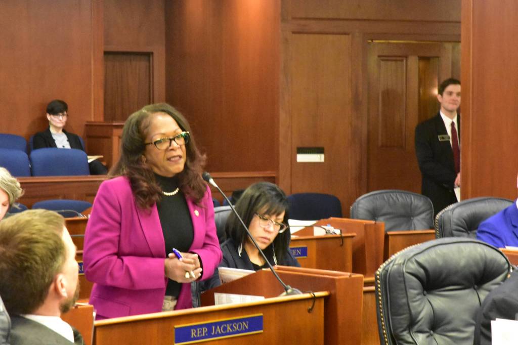 Rep. Sharon Jackson, R-Eagle River, speaks in support of a bill to rename the House and Social Services Committee room at the Capitol after the late Senator Bettye J. Davis on Monday. (Peter Segall | Juneau Empire)
