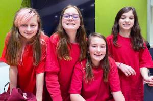 Members of the Floyd Dryden Middle School Battle of the Books team Amelia Walker, Della Mearig, Miranda Stichert and Anberlin Tingey earned a perfect score at Wednesdays Battle of the Books battle at the Mendenhall Valley Public library. (Courtesy photo)