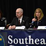From left to right: Senate President Cathy Giessel, R-Anchorage, Sen. Bert Stedman, R-Sitka and Sen. Natasha Von Imhof, R-Anchorage, speak at the Southeast Conference mis-session summit at Elizabeth Peratovich Hall on Tuesday, Feb. 4, 2020. (Peter Segall |Juneau Empire)