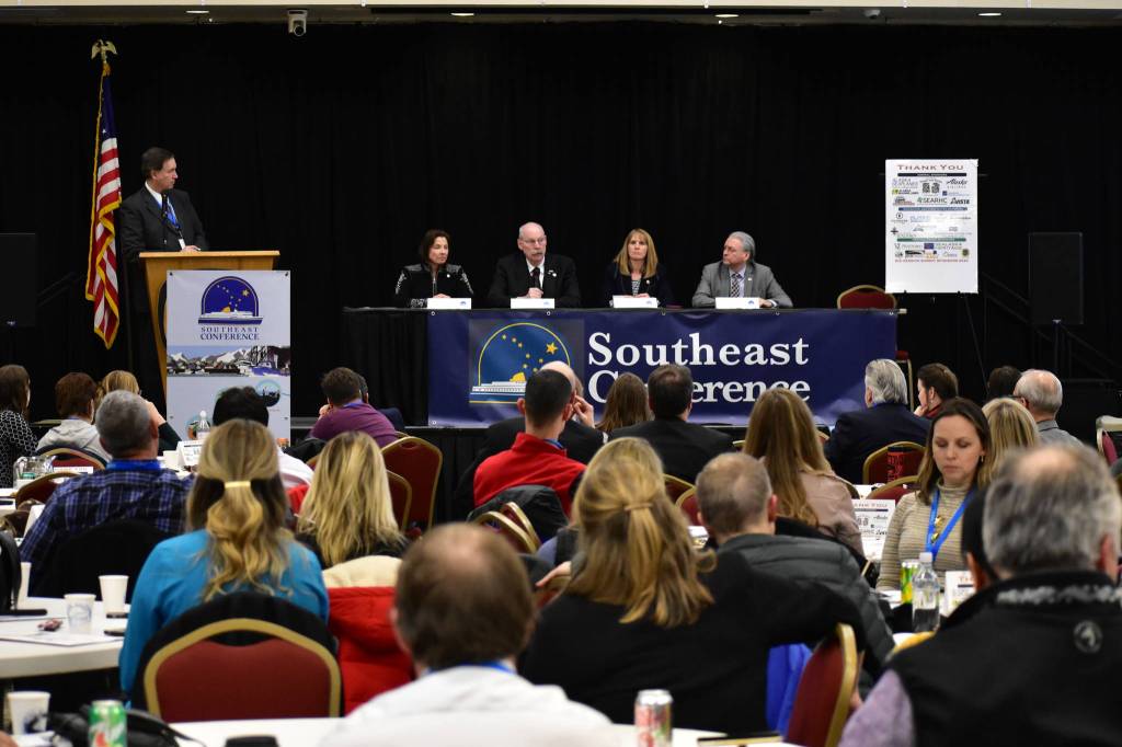 Sens. Cathy Giessel, R-Anchorage, Bert Stedman, R-Sitka, Natasha Von Imhof, R-Anchorage and Tom Begich, D-Anchorage, speak at Southeast Conferences mid-session summit at Elizabeth Peratrovich Hall on Tuesday, Feb. 4, 2020. (Peter Segall | Juneau Empire)
