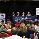 Sens. Cathy Giessel, R-Anchorage, Bert Stedman, R-Sitka, Natasha Von Imhof, R-Anchorage and Tom Begich, D-Anchorage, speak at Southeast Conferences mid-session summit at Elizabeth Peratrovich Hall on Tuesday. (Peter Segall | Juneau Empire)