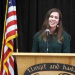 Village Coffee Company owner Justyne Wheeler of Yakutat gives a speech following the announcement that her business was one of the 2019 Path to Prosperity winners. The distinction comes with a $25,000 prize. (Ben Hohenstatt | Juneau Empire)