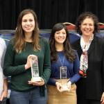 Spruce Root business development manager Paul Hackenmueller, Village Coffee Company owner Justyne Wheeler, Foundroot co-owner Leah Wagner, Spruce Root Board Chairwoman Susan Bell and Spruce Root programs manager Ashley Snookes smile together after the presentation of the Path to Prosperity awards Wednesday, Feb. 5, 2020. (Ben Hohenstatt | Juneau Empire)