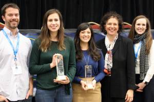 Spruce Root business development manager Paul Hackenmueller, Village Coffee Company owner Justyne Wheeler, Foundroot co-owner Leah Wagner, Spruce Root Board Chairwoman Susan Bell and Spruce Root programs manager Ashley Snookes smile together after the presentation of the Path to Prosperity awards Wednesday, Feb. 5, 2020. (Ben Hohenstatt | Juneau Empire)