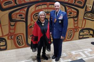 Ben Hohenstatt | Juneau Empire                                 Sealaska Heritage Institute President Rosita Worl and Air Force Lt. Gen. Tom Bussiere, Commander for Alaskan Command, stand together following a day of meetings at SHIs Walter Soboleff Building.