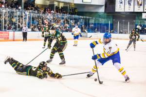 University of Alaska Fairbanks hockey team forward Steven Jandric skates with the puck against the UAA Seawolves. (Courtesy photo | JR Ancheta via UAF Photography)