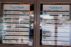 A sign posted to the Alaska Marine Highway System terminal in Petersburg, noting that all sailings are canceled. (Courtesy photo | Malena Marvin)