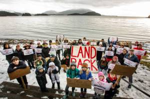 An event held in solidarity with Wetsuweten pipeline protests being held in British Columbia drew dozens of Juneauites to Auke Bay Recreation Area Sunday. (Courtesy Photo | Sigoop Price)