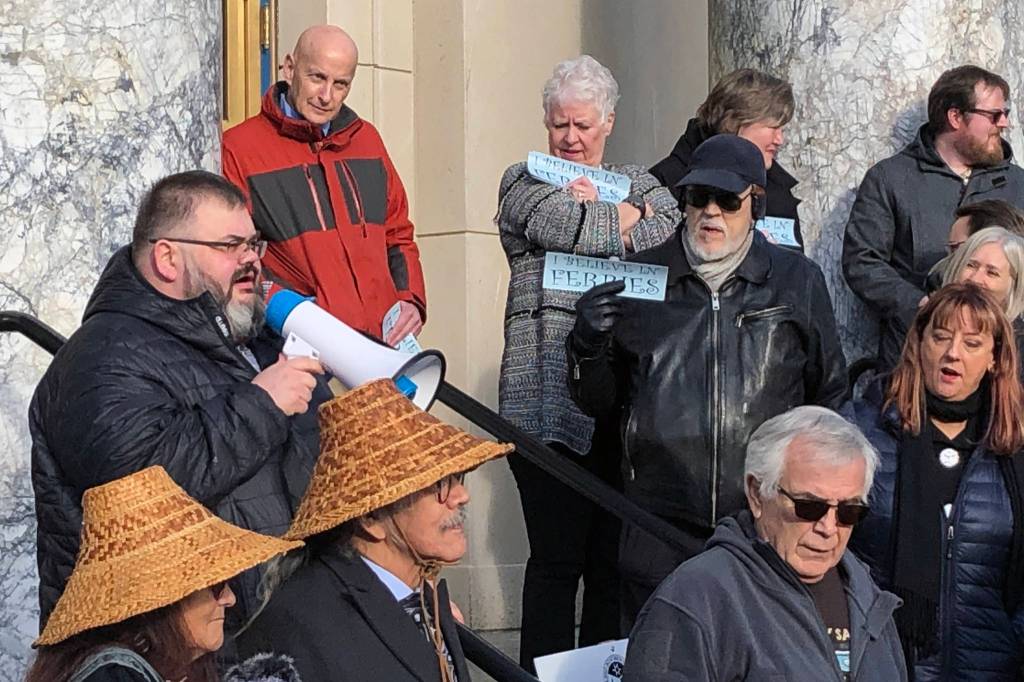Richard Chalyee Éesh Peterson, president of the Central Council of Tlingit and Haida Indian Tribes of Alaska, speaks at a rally in support of the Alaska Marine Highway System at the Alaska State Capitol Tuesday, Feb. 11, 2020. (Peter Segall | Juneau Empire)