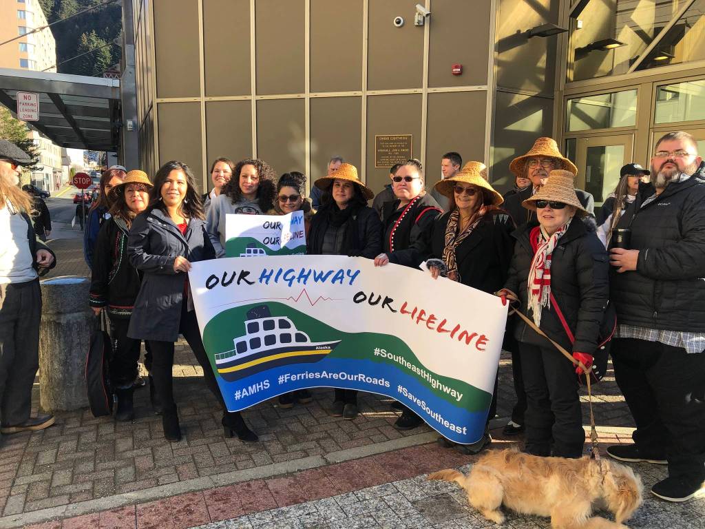 Ferry supporters gather across the street from the Alaska State Capitol for a rally on Tuesday, Feb. 11, 2020. (Peter Segall | Juneau Empire)