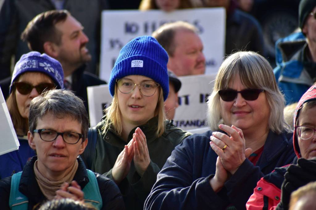 Juneau Assembly member Carole Triem and Juneau Mayor Beth Weldon in the crowd at a rally to support of the Alaska Marine Highway System on Tuesday, Feb. 11, 2020. (Peter Segall | Juneau Empire)