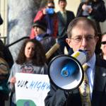 Sen. Jesse Kiehl, D-Juneau, speaks to the crowd at a rally to support of the Alaska Marine Highway System on Tuesday, Feb. 11, 2020. (Peter Segall | Juneau Empire)