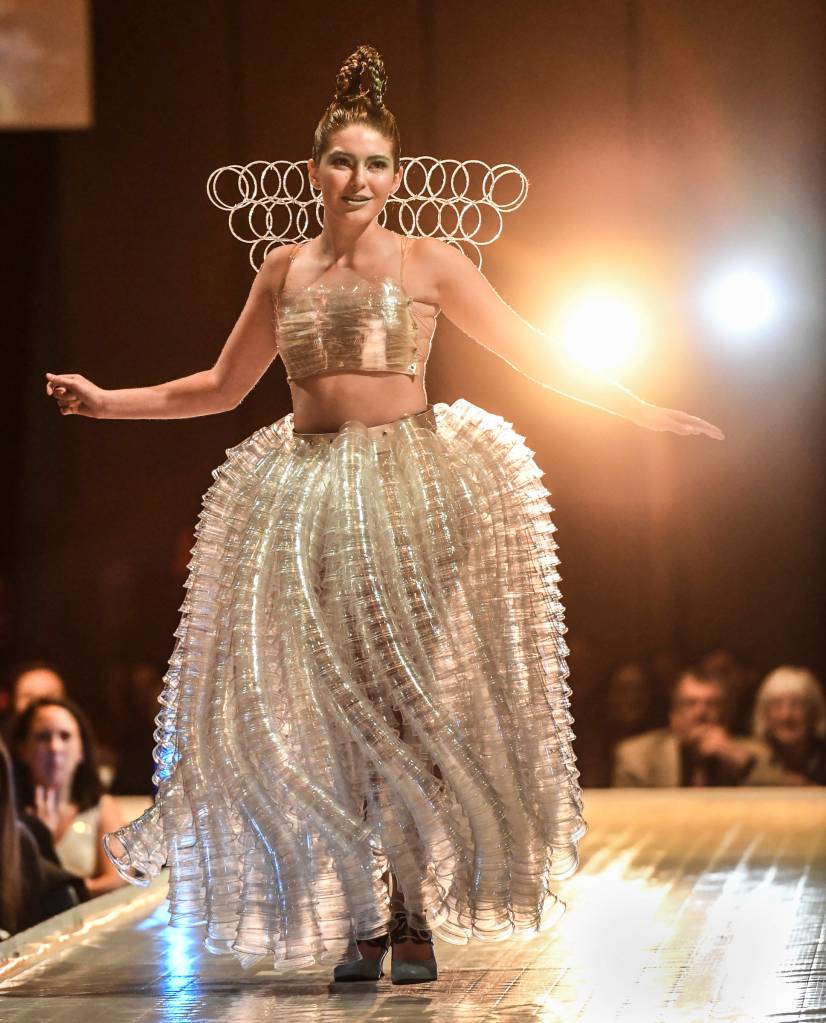 Olivia Moore models her and Karen Smiths Plastic Resuscitation during the Wearable Art Show at Centennial Hall in February 2019. This year, the mother-daughter team turned to tennis and turf for inspiration.                                Michael Penn | 
Capital City Weekly File